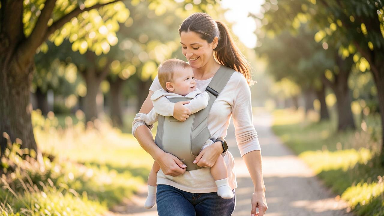 Genitore che porta il bambino nel marsupio ergonomico