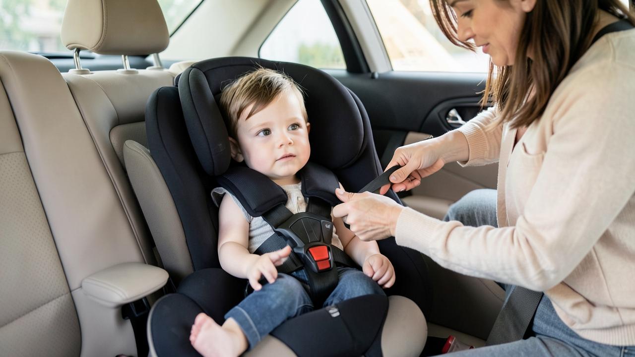 Seggiolino auto installato in una famiglia in viaggio