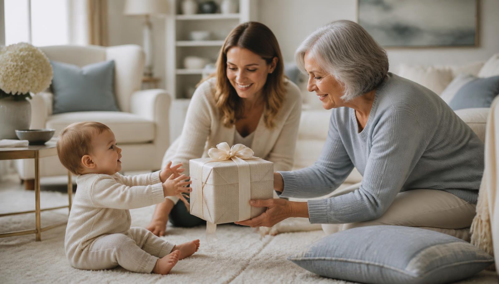 Una famiglia consegna un regalo confezionato a un bambino